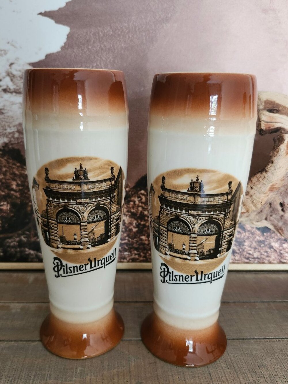 Vintage Set of 2 Pilsner Urquell Ceramic Footed Beer Chalices Glazed Steins